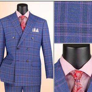 MEN'S VINCI 2 PIECE MODERN FIT GLEN PLAID DOUBLE BREASTED SUIT. MDW-2 BLUE.